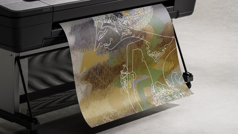 Large-format printer producing a colorful piece of art with intricate line work.