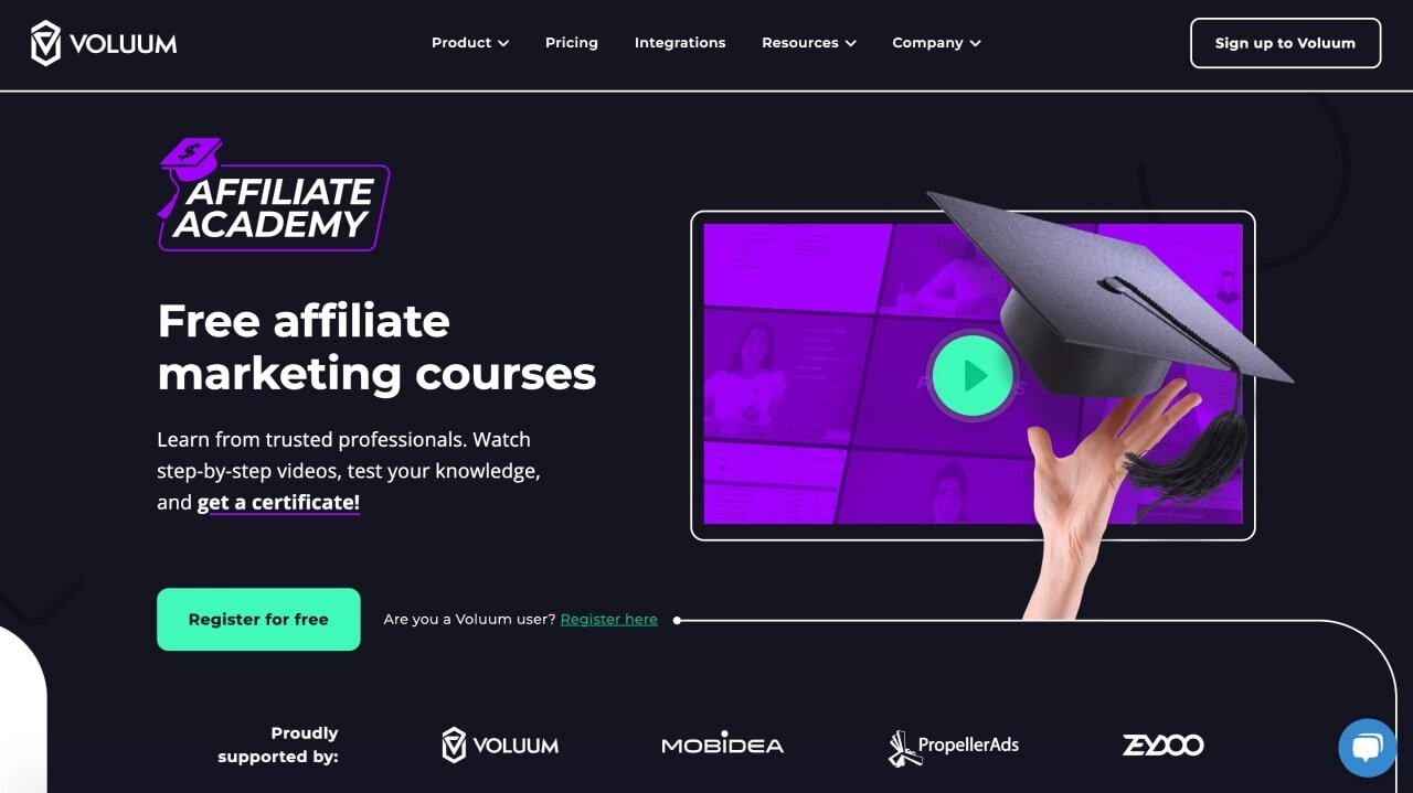 Voluum's “Affiliate Academy” free course page hero section screenshot.