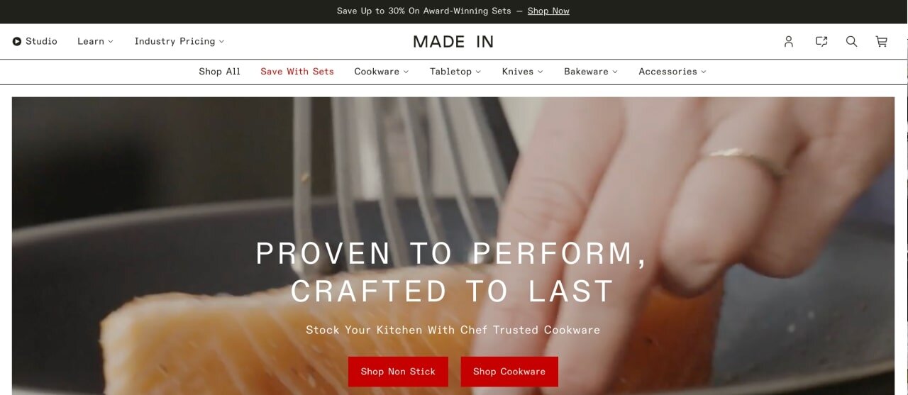 The homepage of the Made In Shopify store