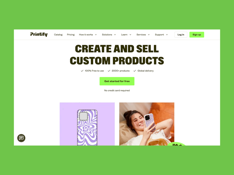 Printify homepage hero section screenshot mockup.