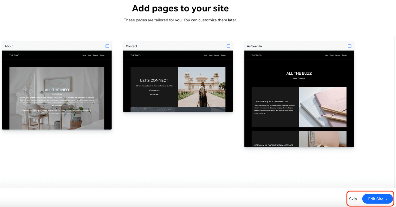 Wix prompts you to add more pages to the website, like About, Services, and Contact.