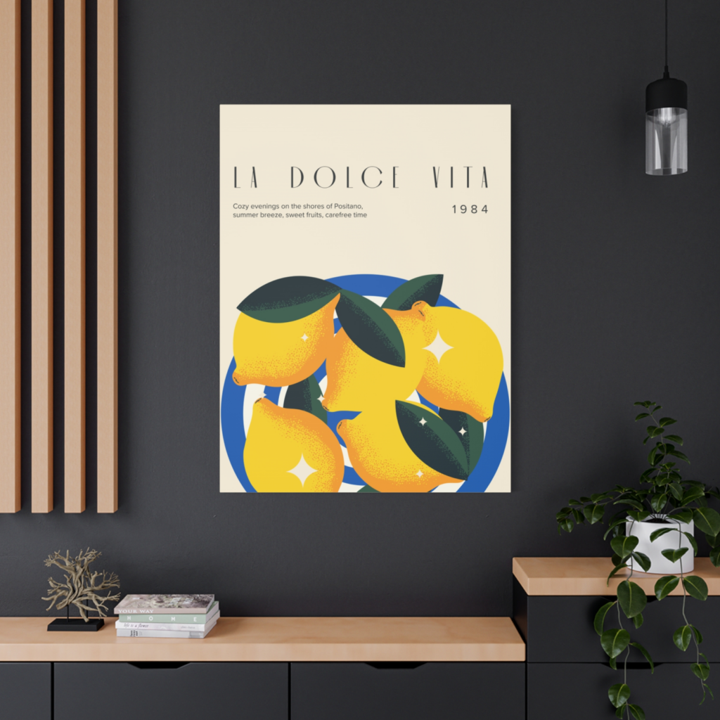 An eco-friendly custom matte canvas with a colorful illustrated lemon print.