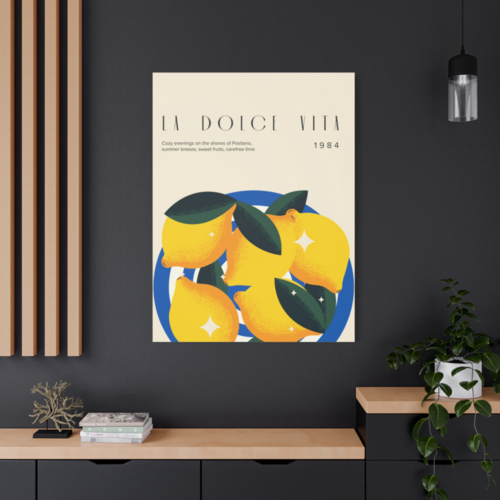 An eco-friendly custom matte canvas with a colorful illustrated lemon print.