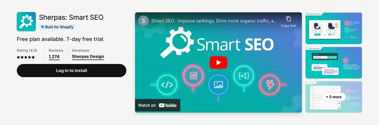 Sherpas Smart SEO Shopify SEO app screenshot from the Shopify app store.