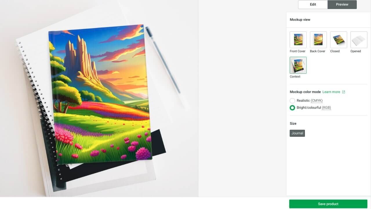 Mockup of a journal with a bright fantasy-style landscape design on its cover.