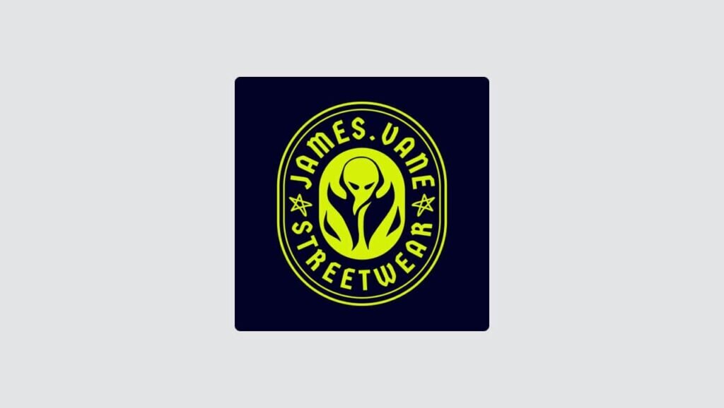 A neon green logo with an illustration of an alien and “James Vane Streetwear” text around it.