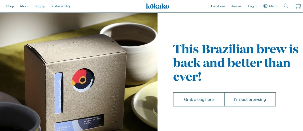 The homepage of the Kōkako Shopify store