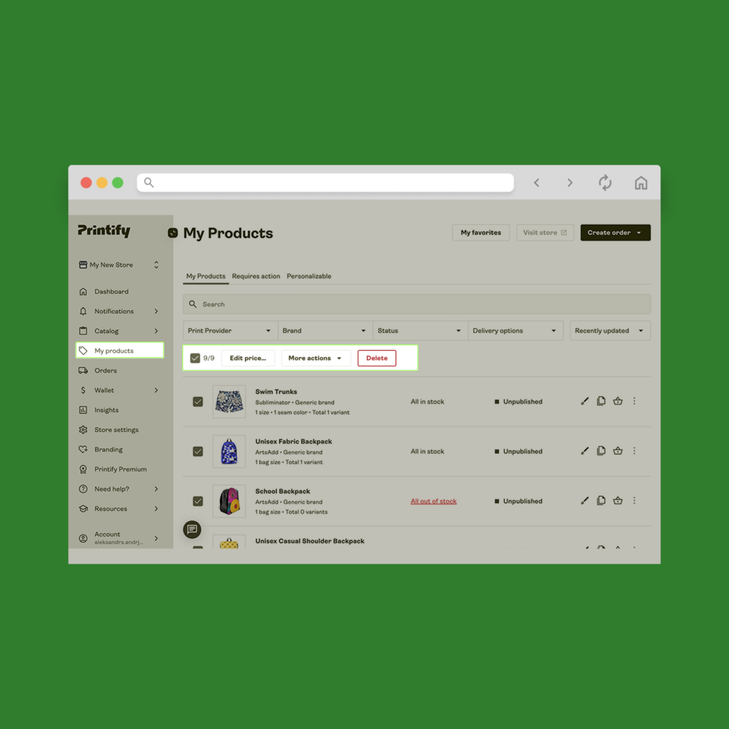 A screenshot showing how to perform bulk product edits using Printify.