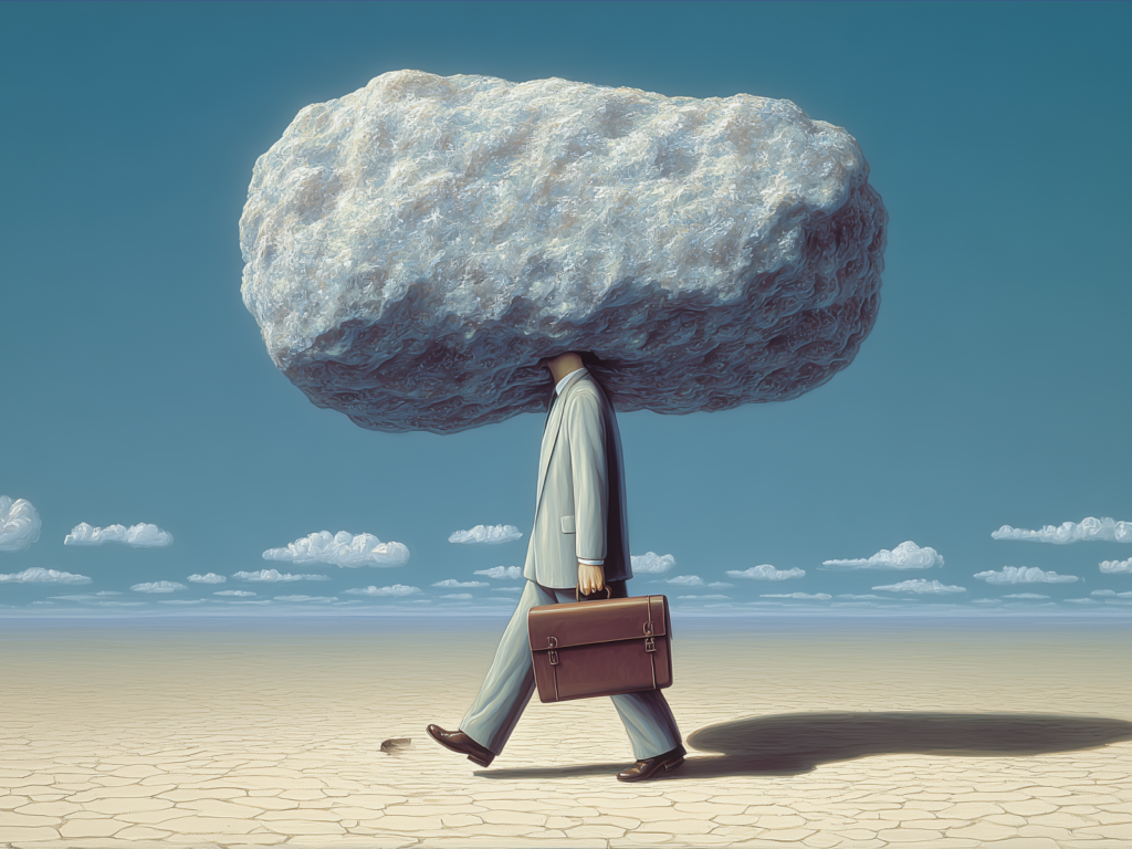 A man walking with a briefcase held above his head, navigating through a busy urban environment.