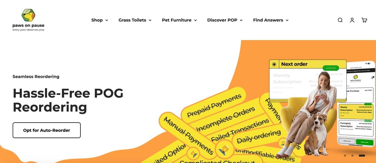 The homepage of the Paws on Pause Shopify store