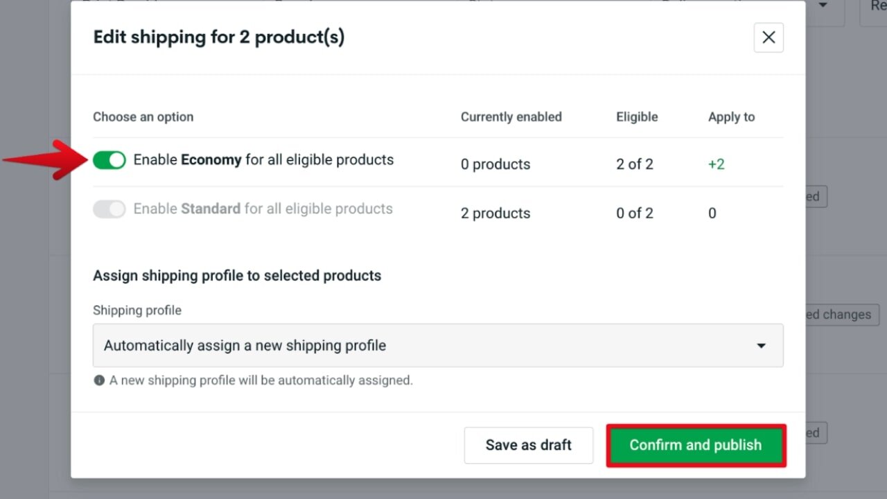 The “Enable Economy for all eligible products” toggle checked in the shipping editing window.