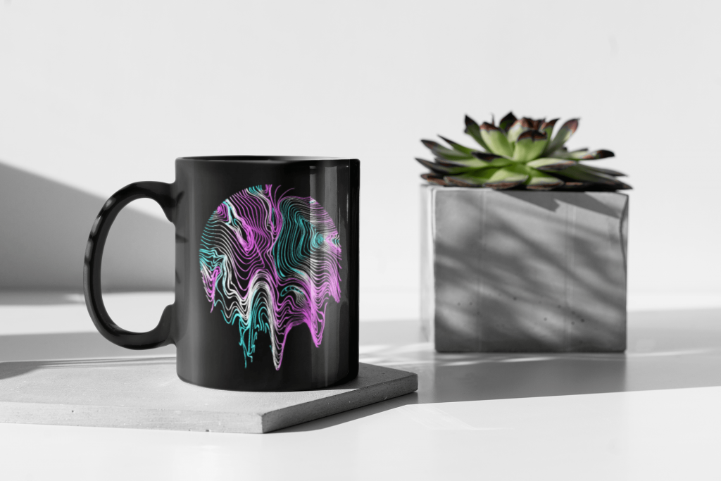 neon mandala on a black coffee mug
