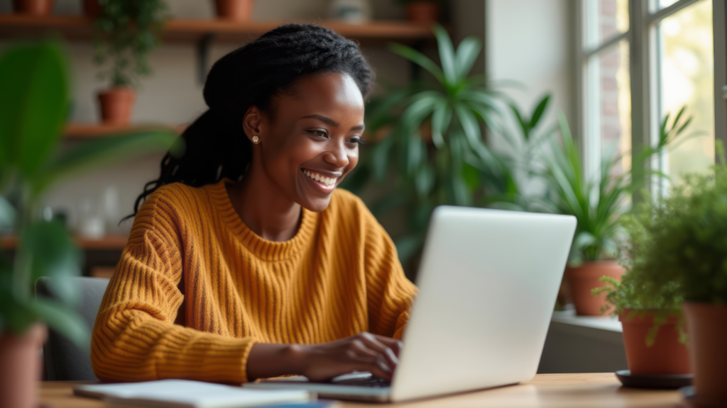 A smiling woman sitting behind a laptop.