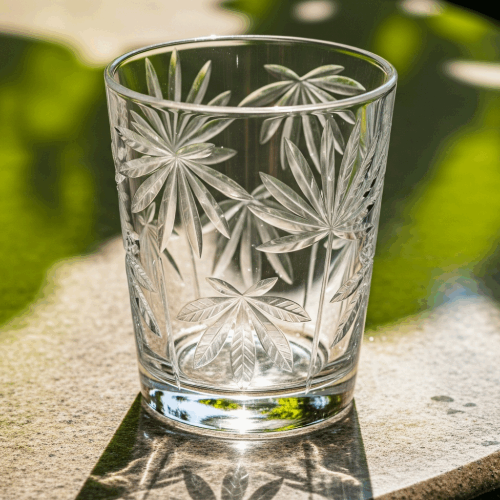 A rocks glass with engraved floral patterns.