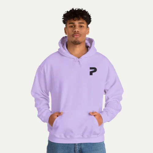 A mockup of a hoodie from the Printify catalog showing the left chest logo placement.