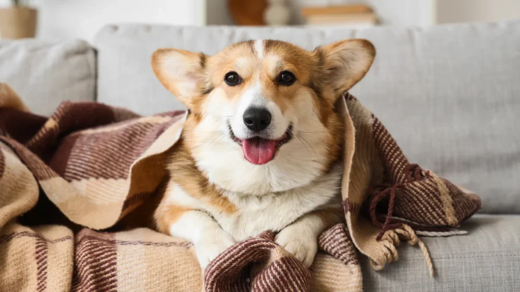 A joyful Corgi lies on a gray sofa, partially wrapped in a brown plaid blanket. The dog's ears are perked up, and it appears to be smiling.