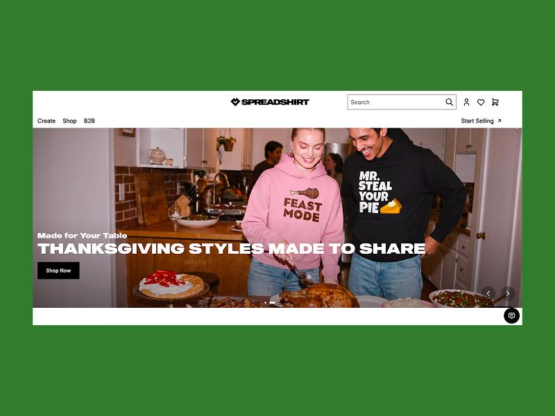 Spreadshirt homepage with a couple in Thanksgiving-themed hoodies.
