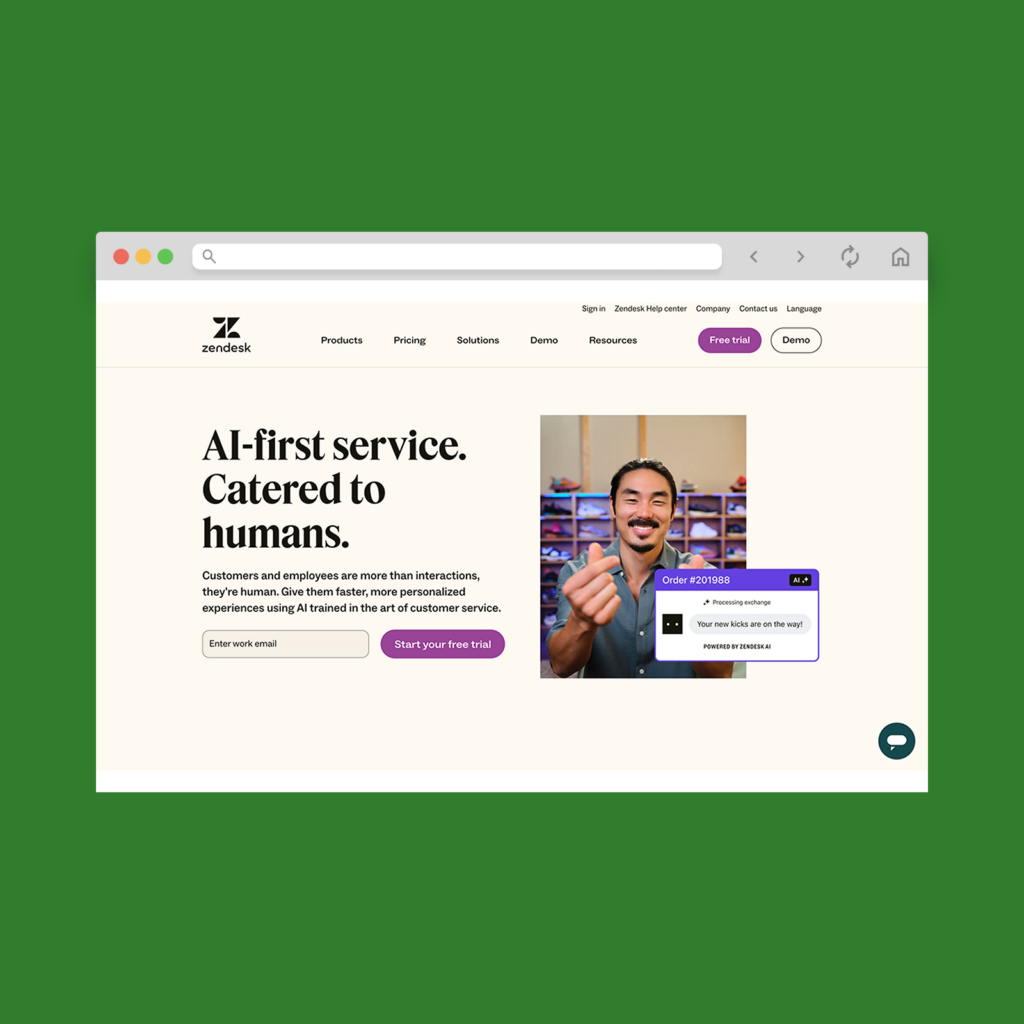 Zendesk homepage hero section screenshot mockup.