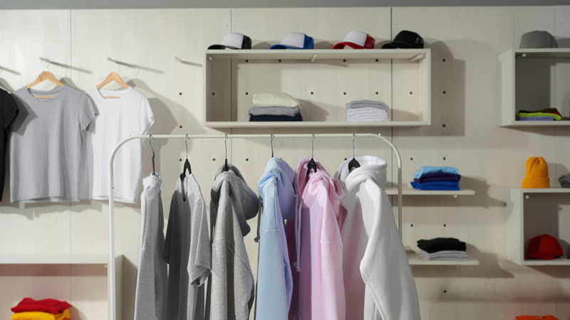 A clothing rack displaying various shirts, hoodies, and hats, showcasing a diverse selection of apparel and accessories.