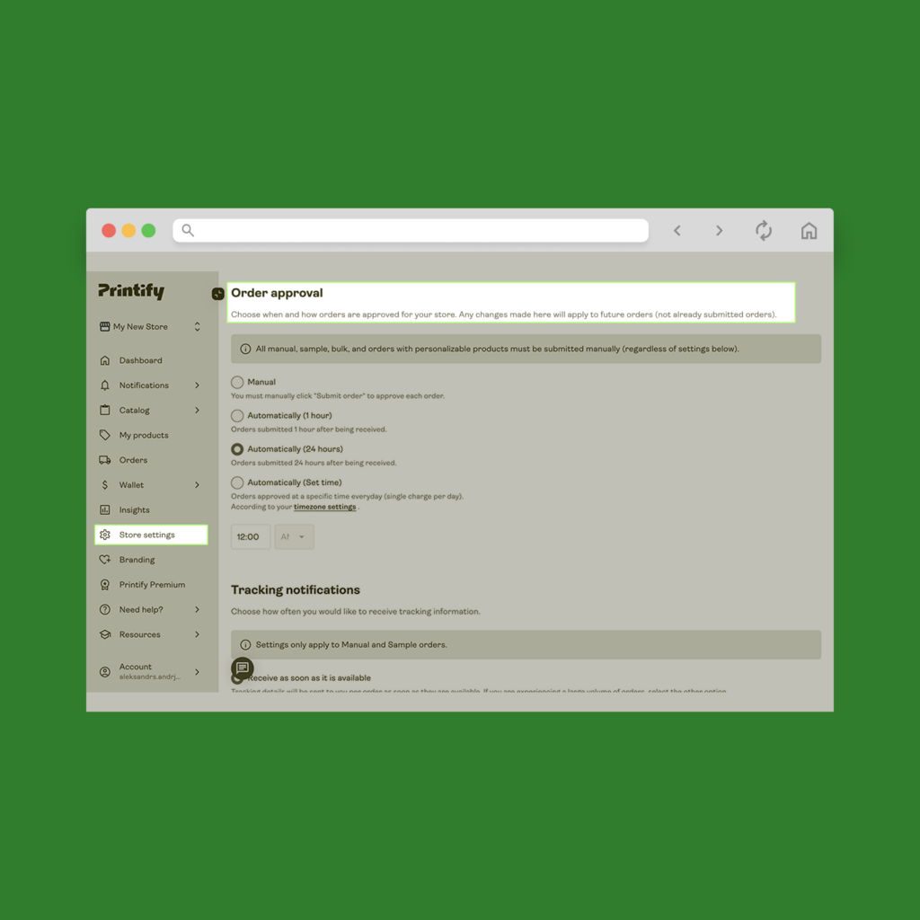 A screenshot showing how to adjust Printify’s order approval automation.