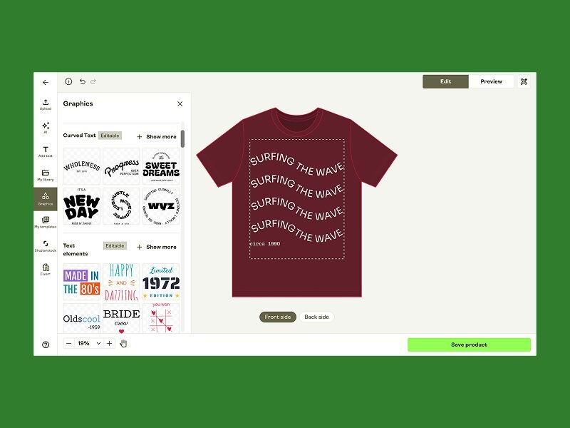 T-shirt design process example in Printify's Product Creator, where a design is made using free graphics and the text tool.