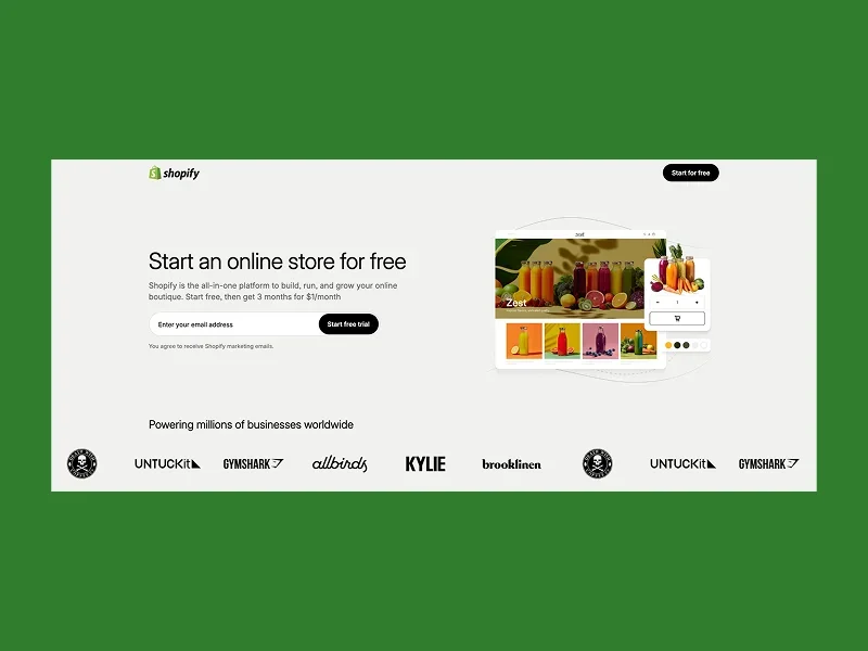 A Shopify landing page.