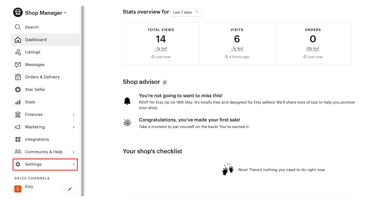 Screenshot of Etsy's Shop Manager with the 