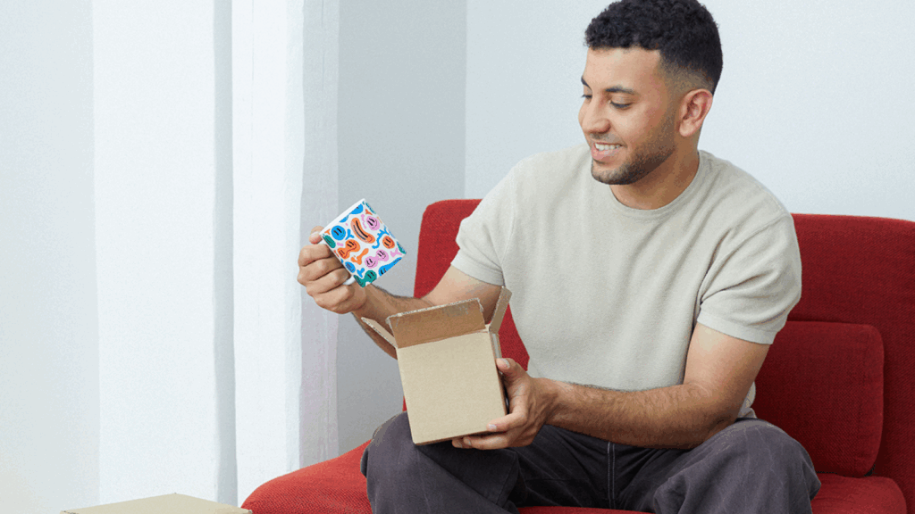 A man sitting on a red couch, holding a mug and looking thoughtfully at it.