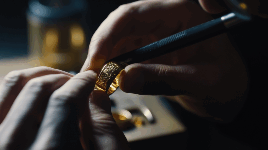 A person carefully uses a pen to shape a gold ring on a work surface, showcasing craftsmanship and attention to detail.