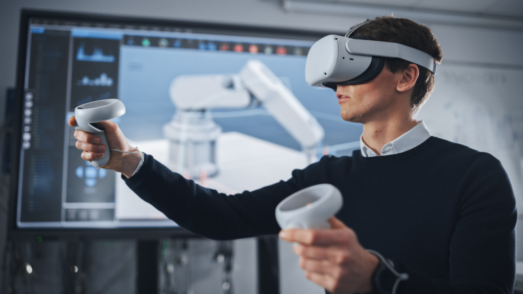 A man using a VR headset with joysticks.