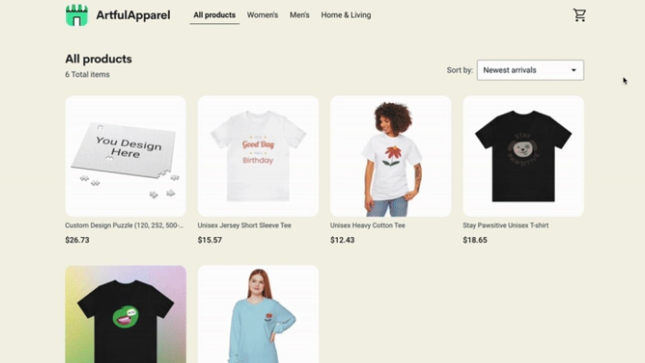 Printify's Pop-Up storefront with various products listed – puzzles, t-shirts, long-sleeves, and more.