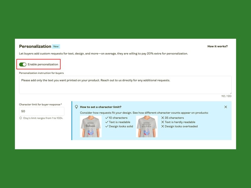 A screenshot mockup showing how to enable product personalization in Printify’s admin panel.