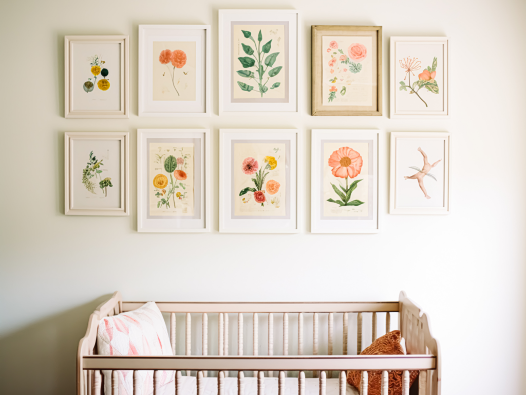 A cozy baby's nursery featuring framed art on the walls and colorful flowers adding a cheerful touch.