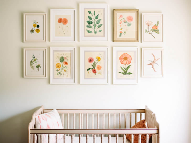 A cozy baby's nursery featuring framed art on the walls and colorful flowers adding a cheerful touch.