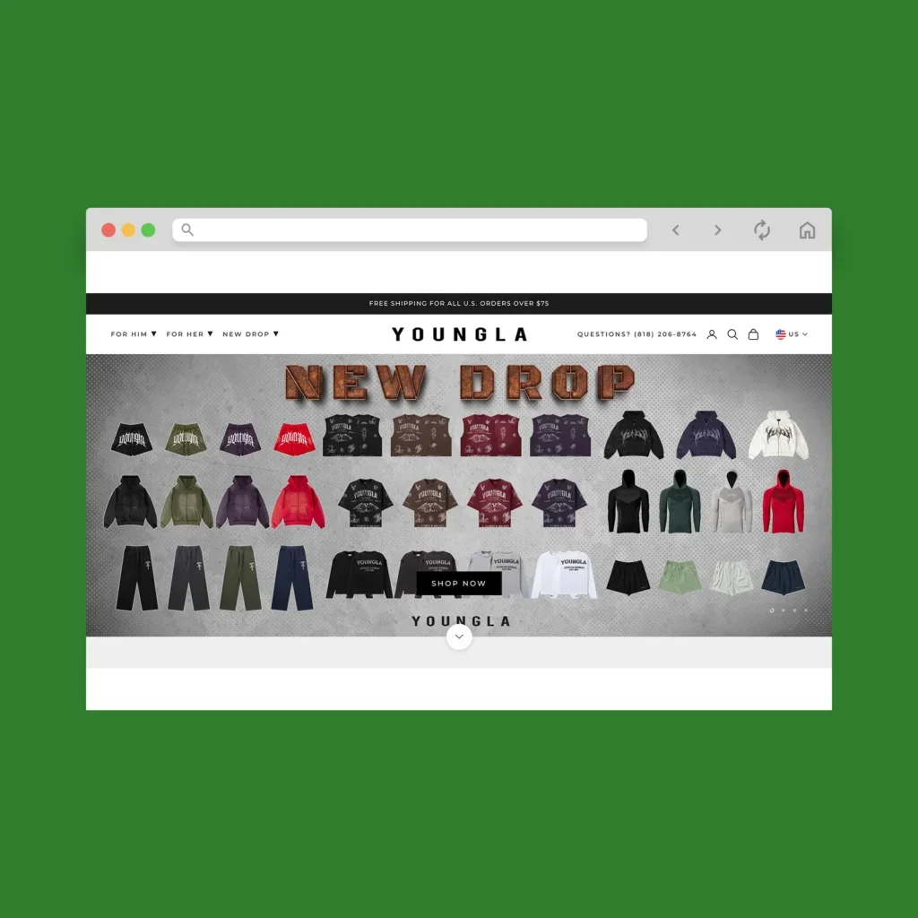 YoungLA homepage hero section screenshot mockup as a Shopify clothing store example.