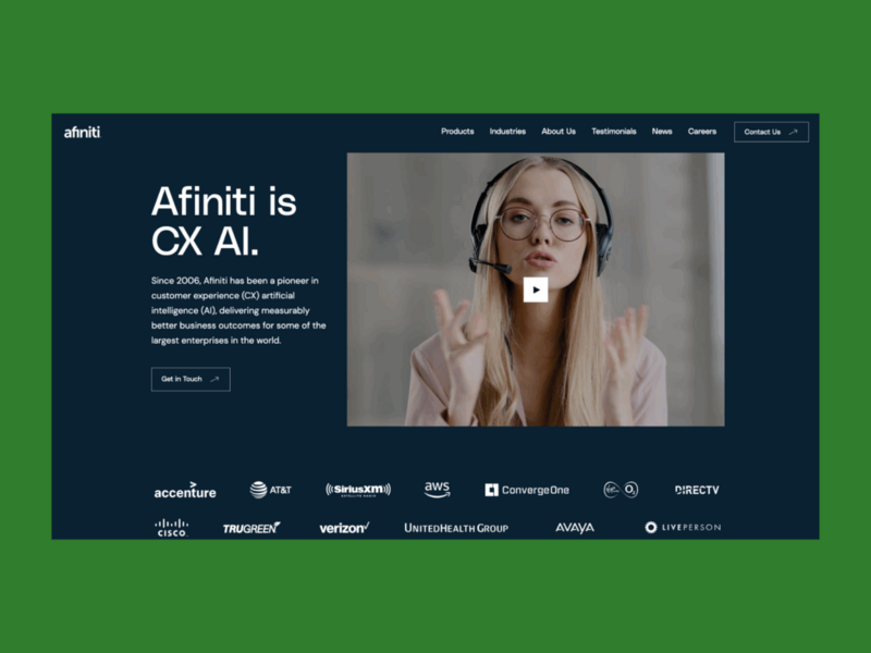 A screenshot of the landing page of the Afiniti landing page.