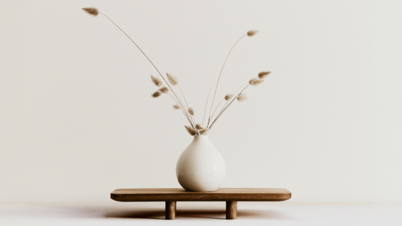 Minimalist scene with a white vase holding wispy grasses on a small wooden table.