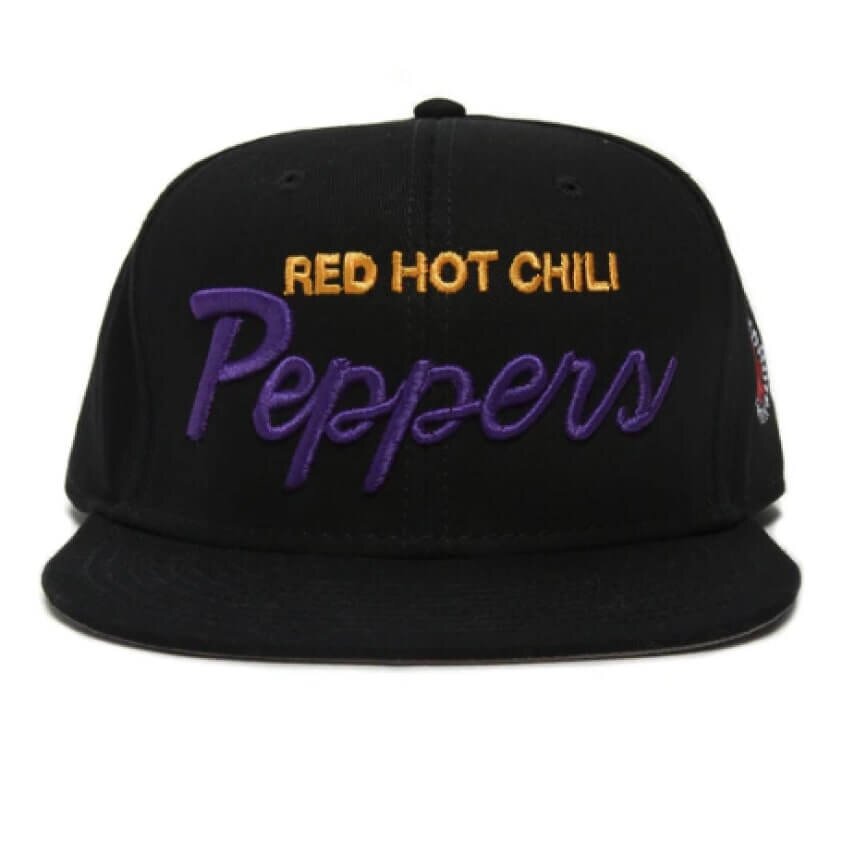 A black cap with the band name “Red Hot Chili Peppers” embroidered on it.