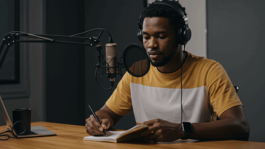 A man wearing headphones is focused on writing notes in a notepad.
