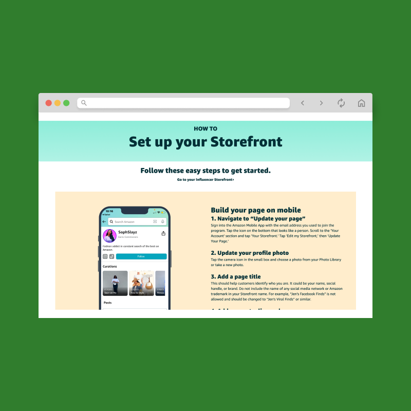 A screenshot with instructions on how to set up an Amazon Storefront, provided by Amazon.
