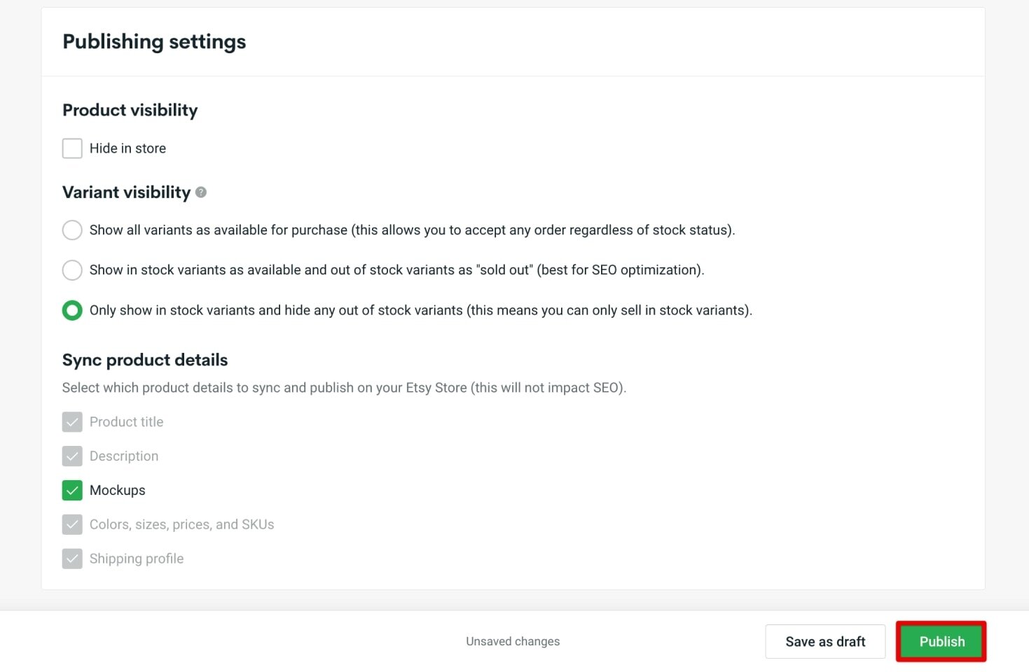 The “Publish” button highlighted within the product editing view.