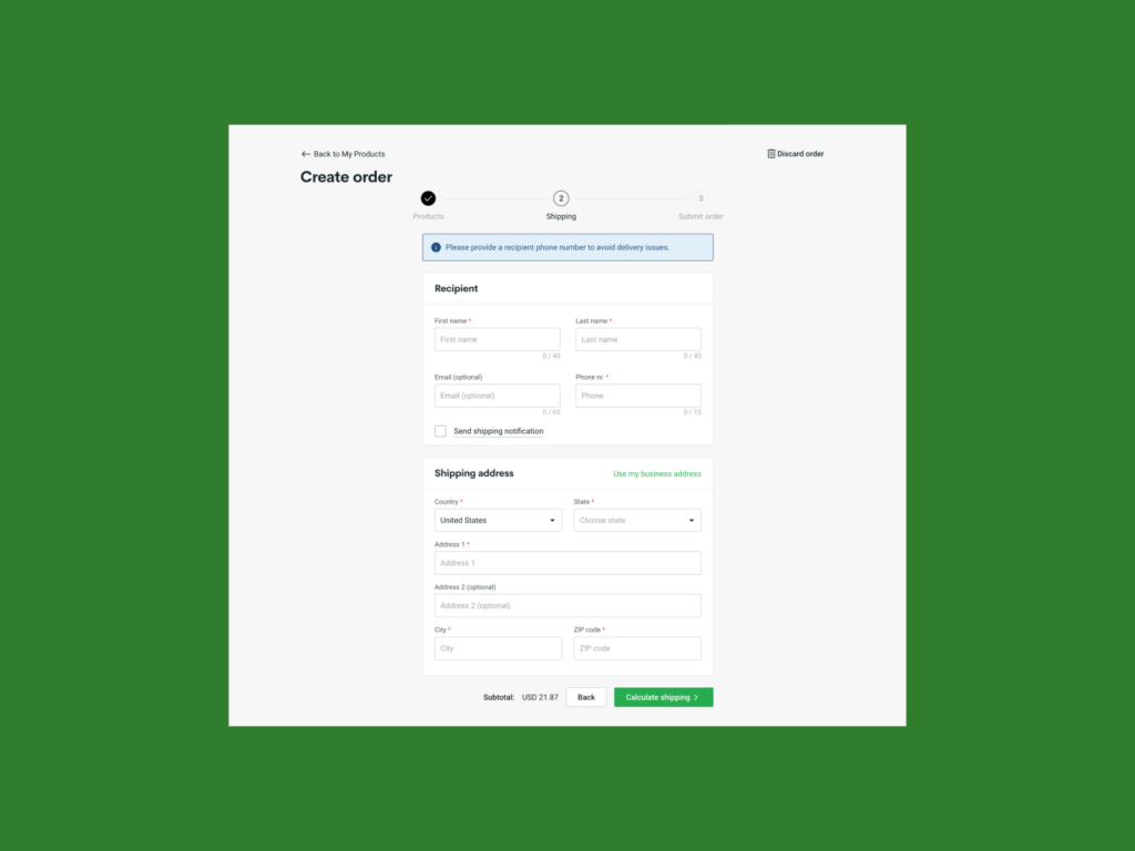 A screenshot of creating manual order.