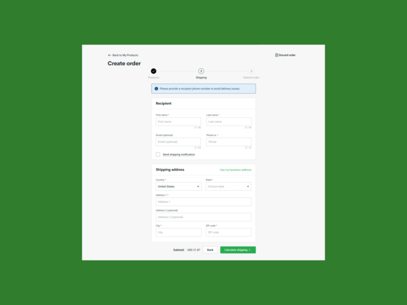 A screenshot of creating manual order.