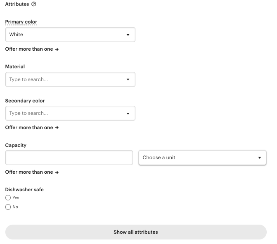 Section for Attributes on Etsy, containing fields for indicating primary and secondary colors, material, and other product specifics.