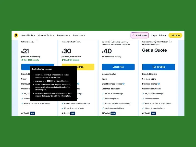 Pricing plans on a green background offer stock media services: $21, $30, $40 monthly, plus a "Get a Quote" option.