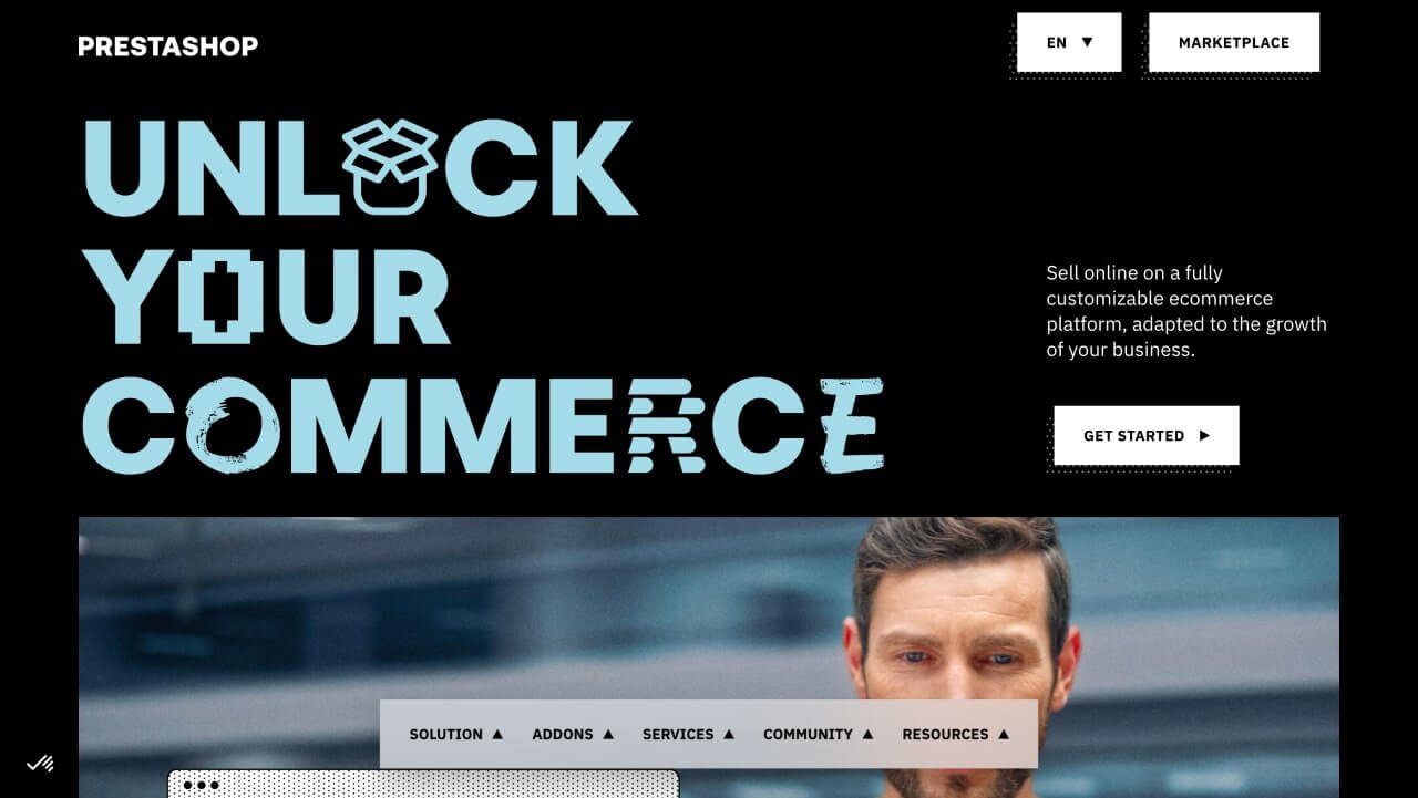 PrestaShop homepage hero section screenshot.