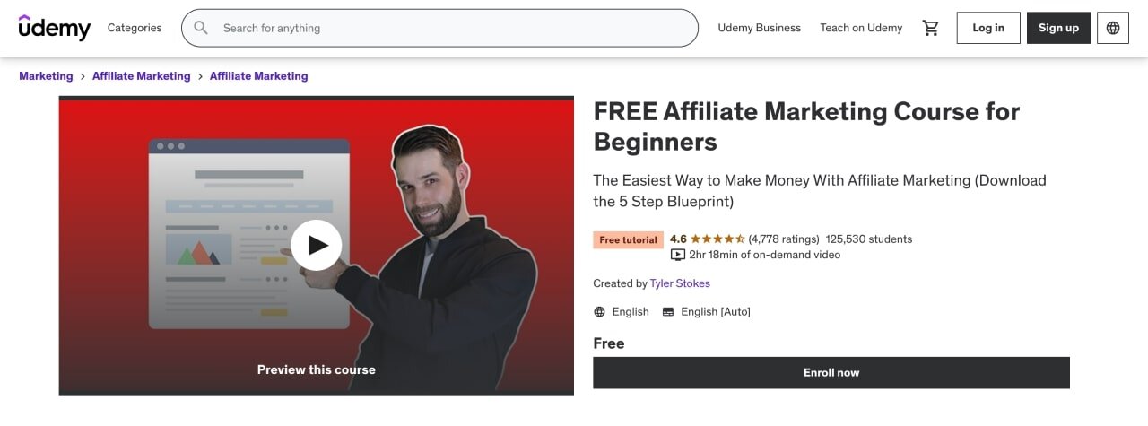 Udemy's “Free Affiliate Marketing Course for Beginners” course page hero section screenshot.