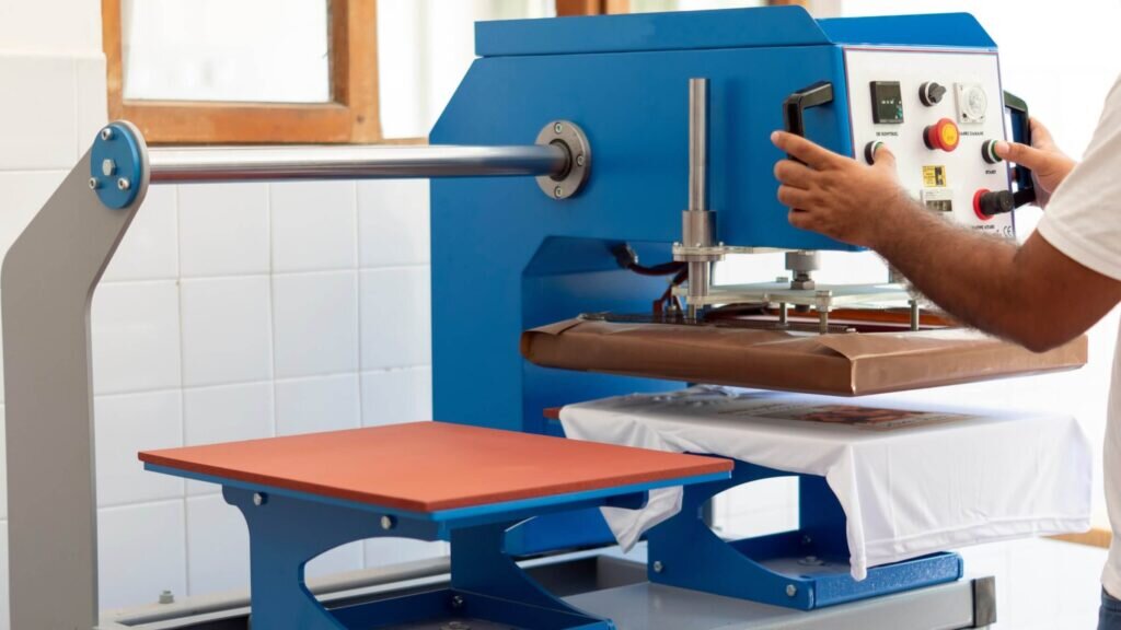 A person operating a sublimation machine to print an image on a white t-shirt.