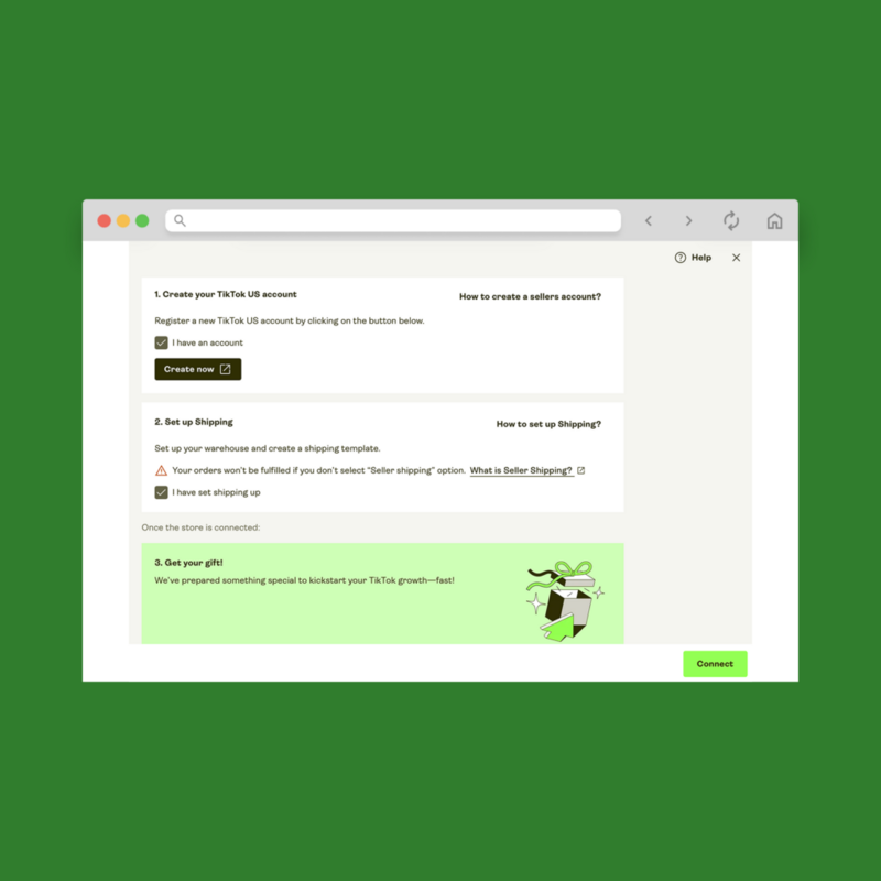 A screenshot mockup showing how to connect your TikTok Shop via Printify.