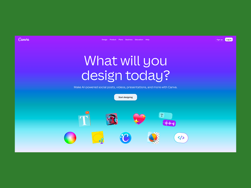 Canva homepage with the headline "What will you design today?"